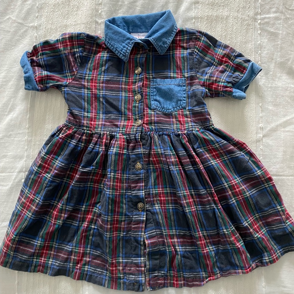 Vintage Girls 5 In Design Brand plaid dress with denim accents and butto…